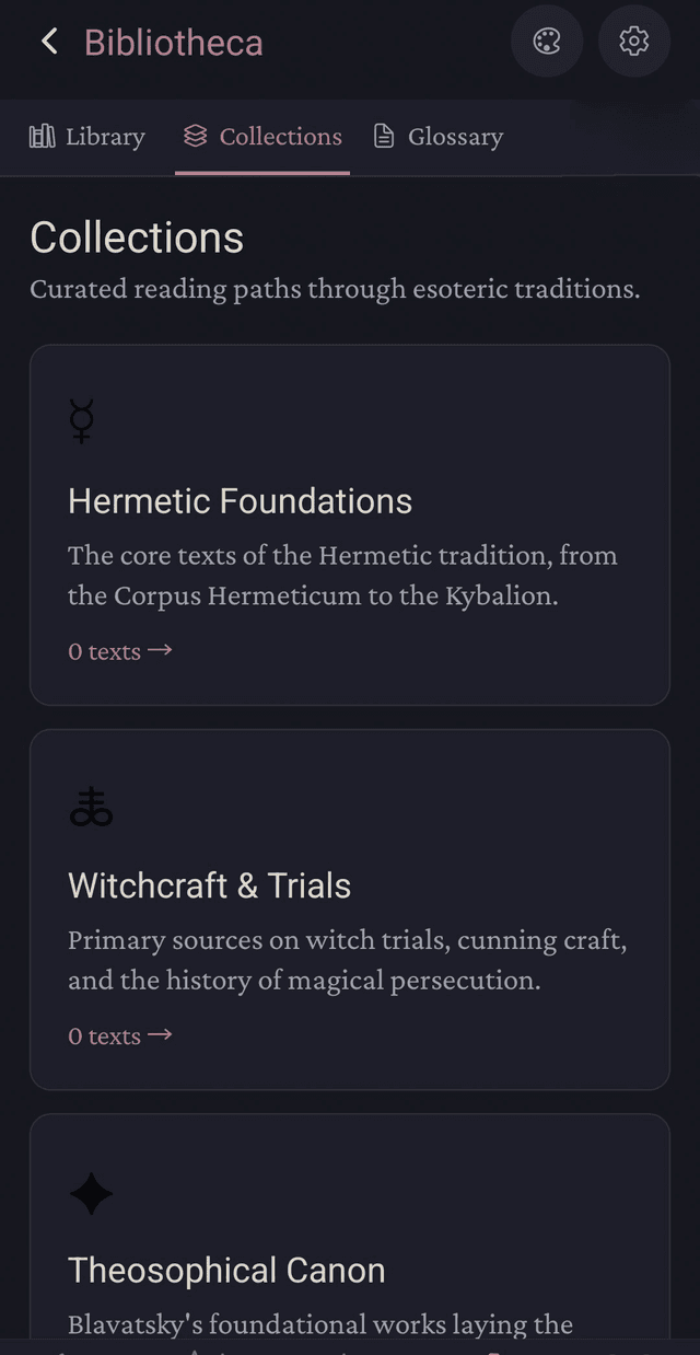 Grimoire Bibliotheca — in-app text reader for occult library