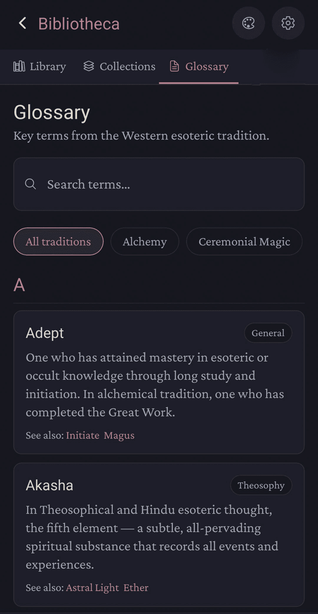 Grimoire Bibliotheca — sacred text reading view