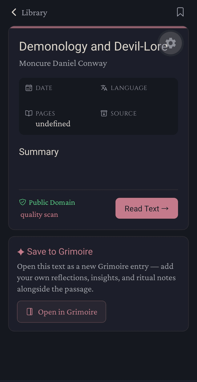 Grimoire Bibliotheca — bookmarks and passage notes