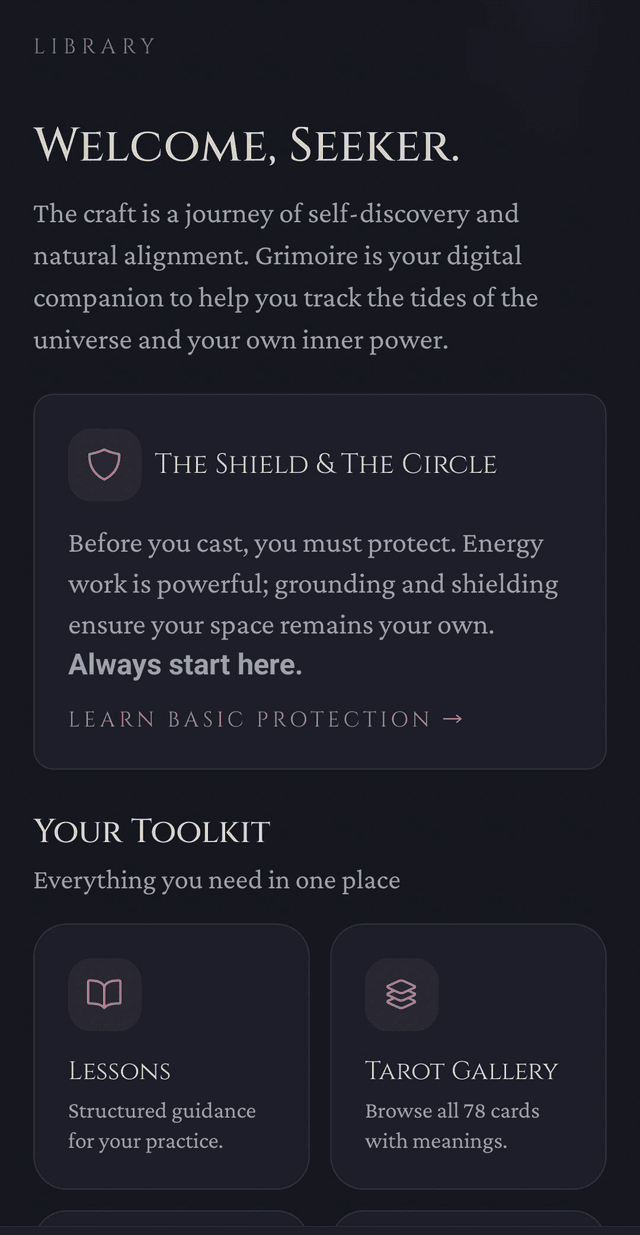 Grimoire Codex screen showing reference categories including herbology, tarot gallery and pantheon