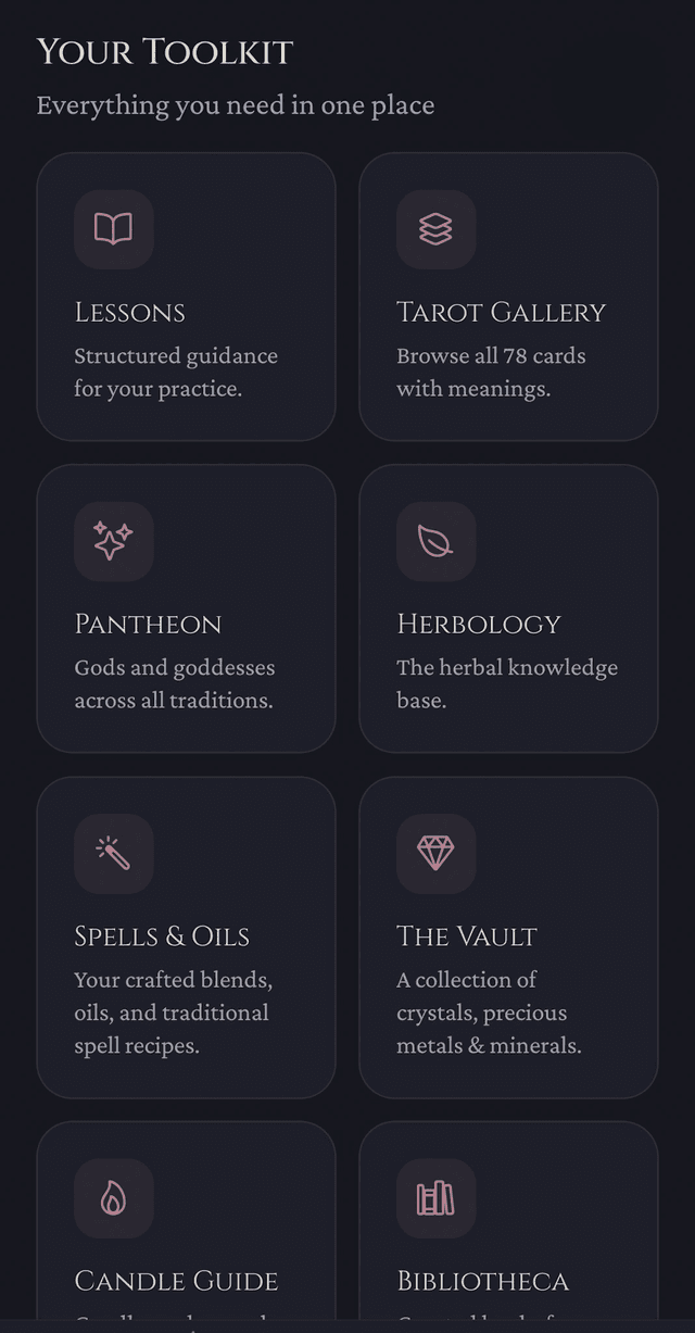 Grimoire Codex detail screen showing magical correspondence reference for solitary witches