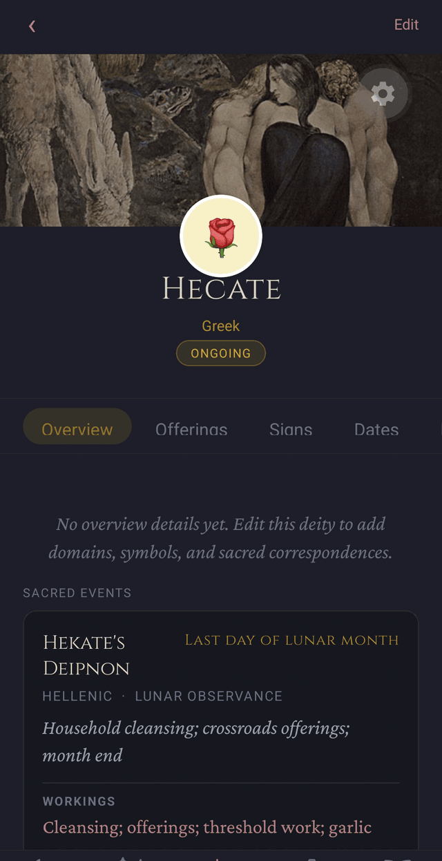 Grimoire Deity Journal — offering log and signs tracker