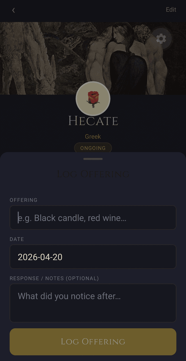 Grimoire Deity Journal — sacred dates and deity profile view