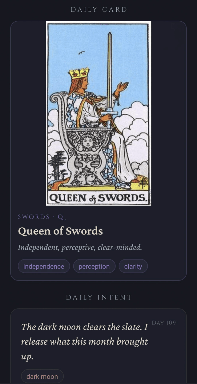 Grimoire App daily tarot card screen showing Queen of Swords with keywords independence, perception and clarity — daily tarot draw for witches