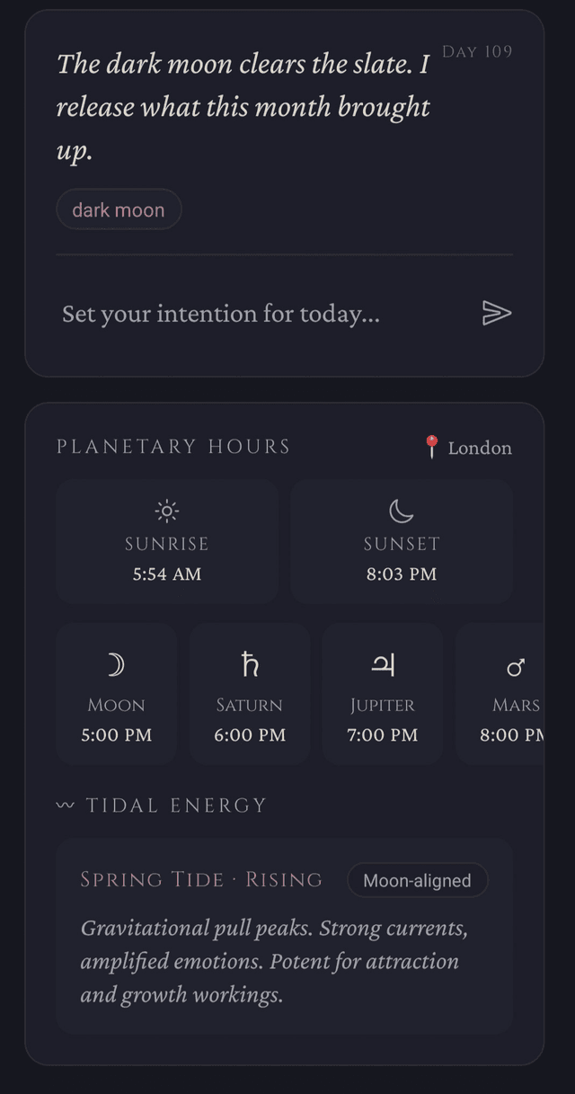 Grimoire App planetary hours screen showing sunrise, sunset, and hourly planetary rulers for London — ritual timing tool for solitary witches