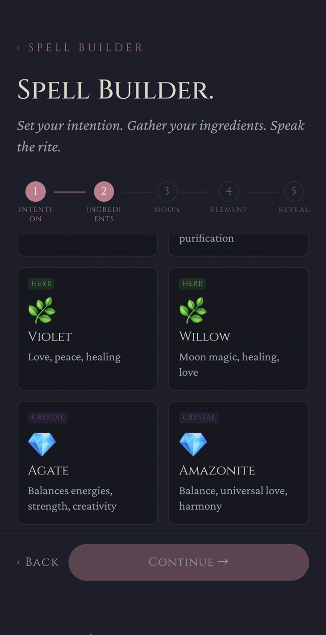 Grimoire Spell Builder — intention and correspondence selection
