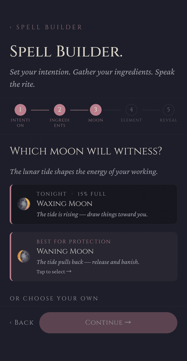 Grimoire Spell Builder — ingredient and element selection
