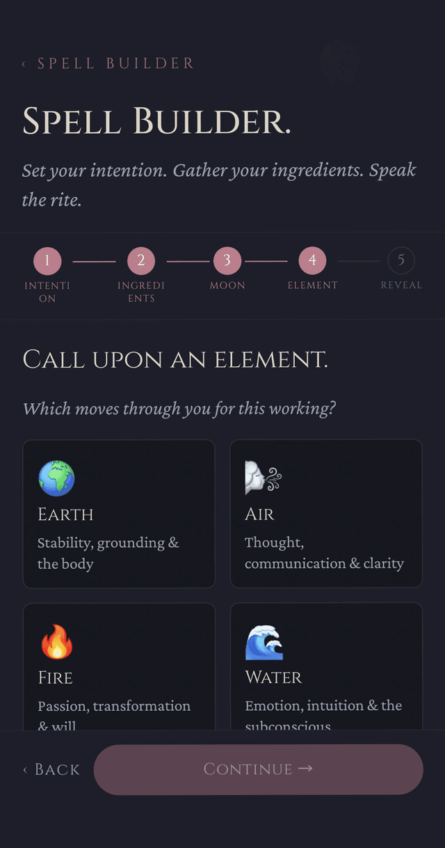 Grimoire Spell Builder — moon phase and timing selection