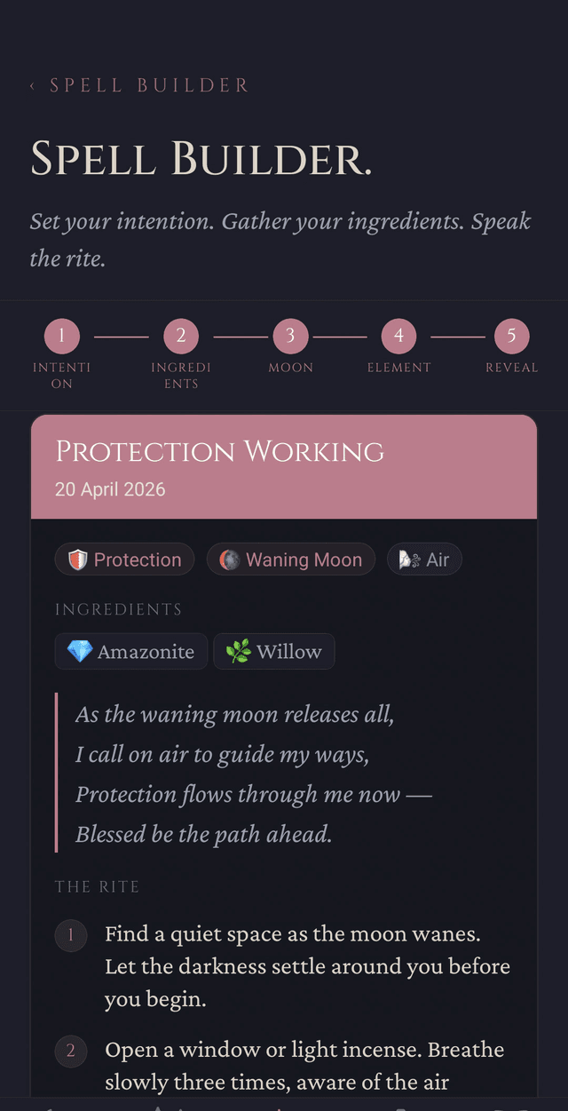 Grimoire Spell Builder — completed spell with generated incantation
