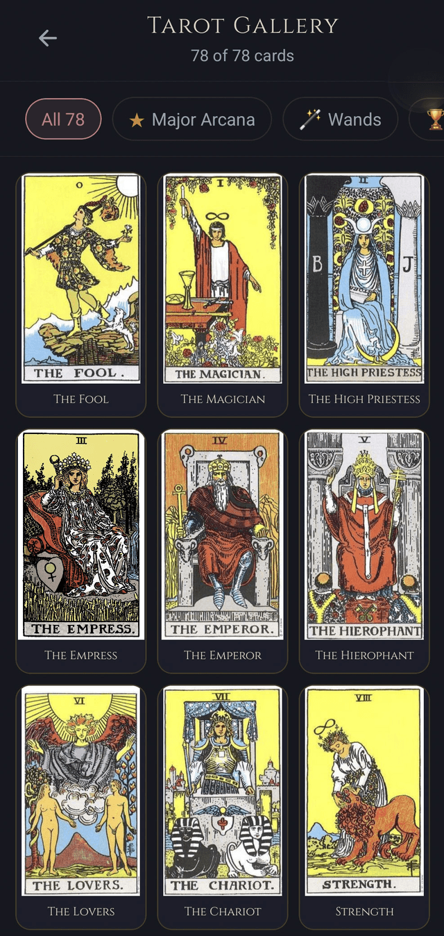 Grimoire tarot gallery — card grid