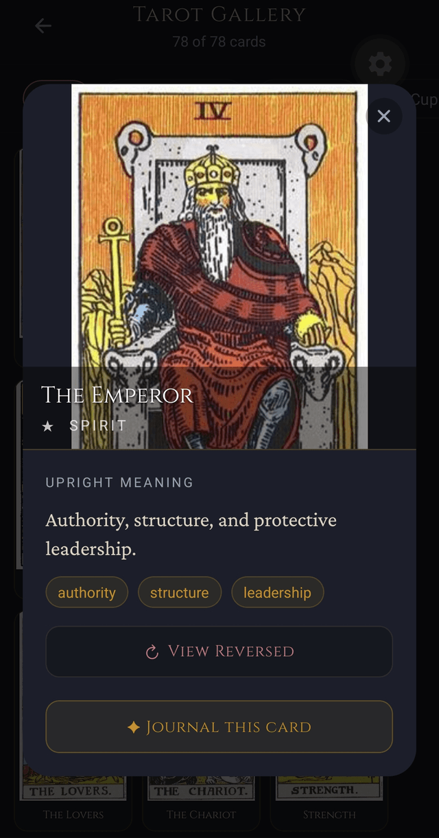 Grimoire tarot gallery — card detail view