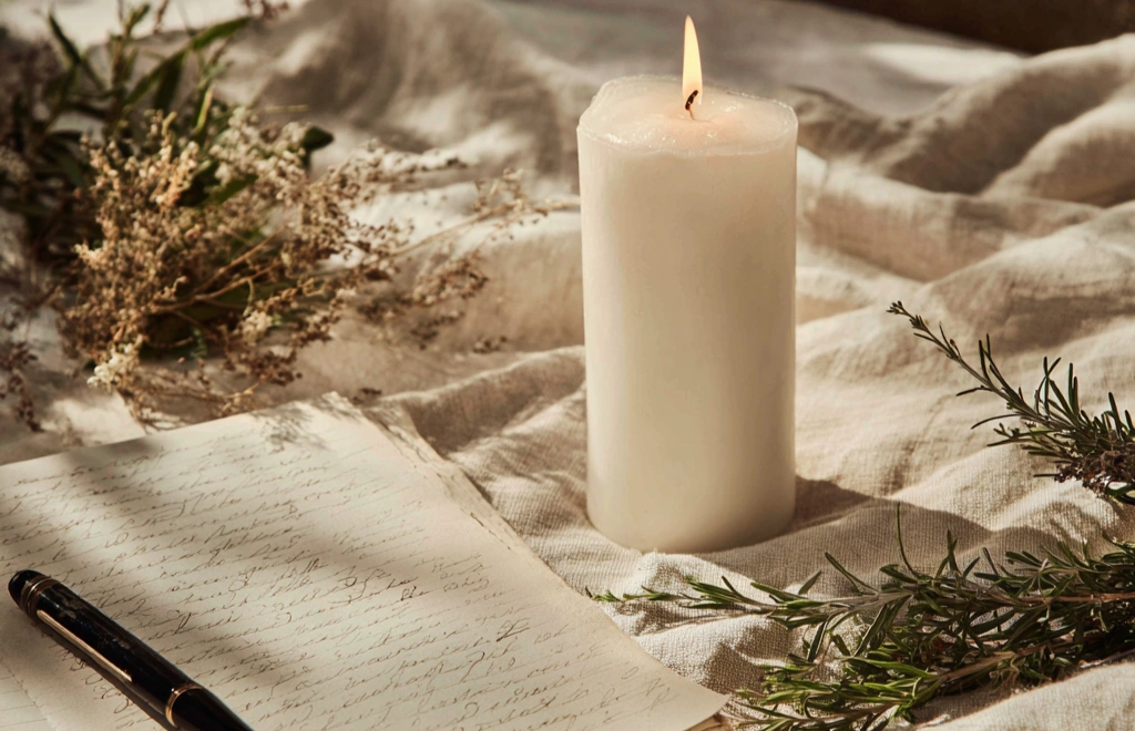 A lit white pillar candle on cream linen beside a sprig of fresh rosemary, dried herbs, and an open notebook with a pen, in soft natural light
