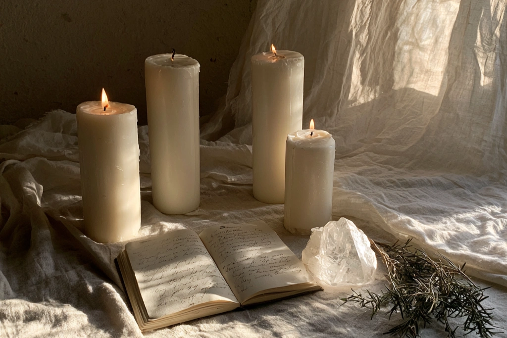 Four white pillar candles arranged like a doorway on a weathered wooden surface, all four lit, framing a small open journal with a handwritten intention, beside a single piece of clear quartz and a sprig of fresh rosemary in soft early-morning light