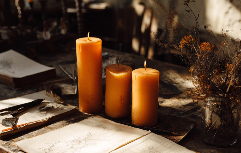 Three orange pillar candles of varying heights on a wooden surface, with dried herbs and aged papers scattered around them, in warm natural light