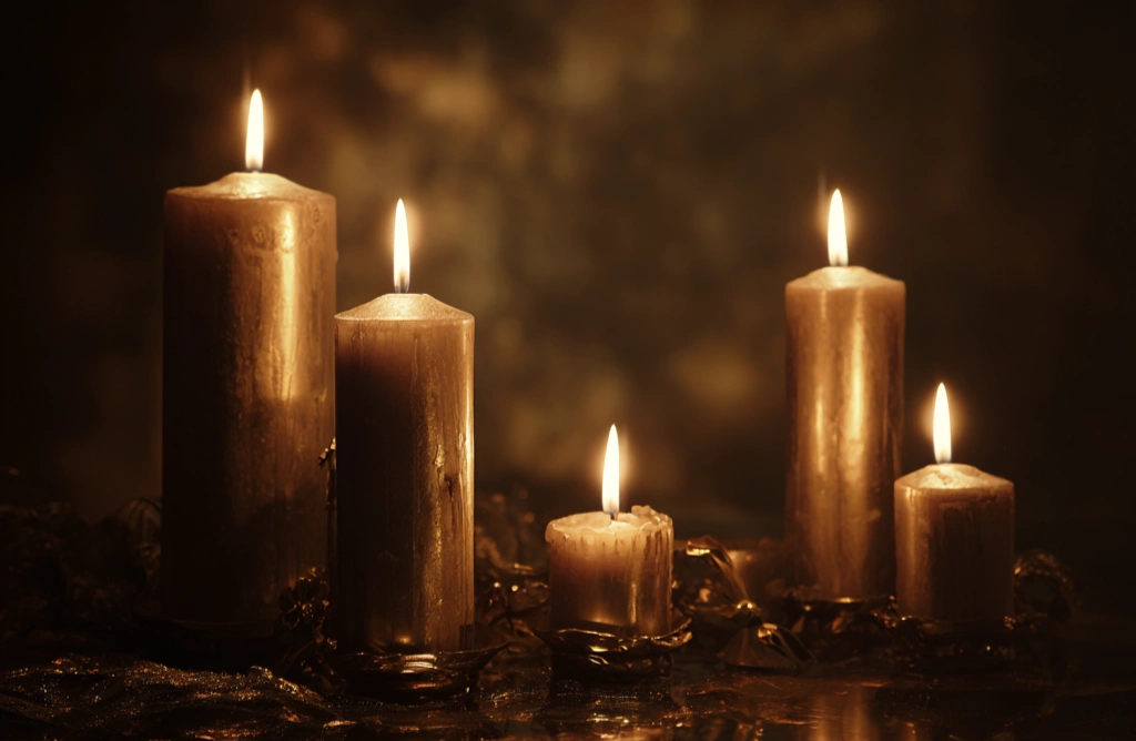 Five lit pillar candles of varying heights arranged on a dark surface, glowing in warm golden candlelight against a smoky background