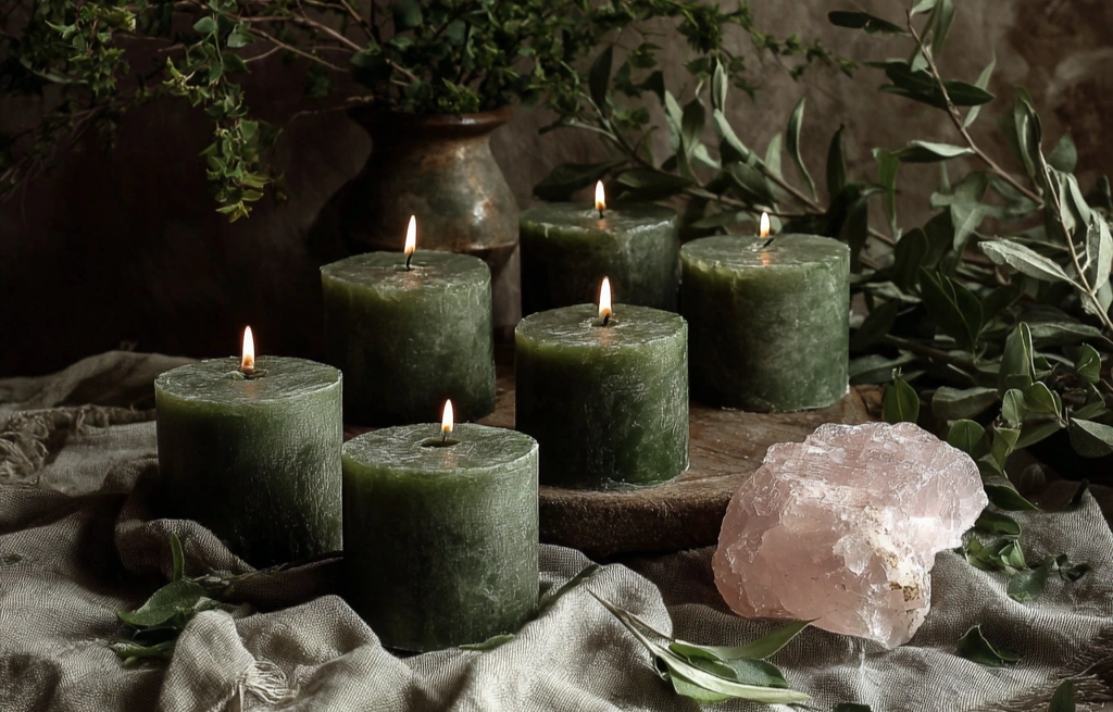 Six green pillar candles, several lit, arranged on a draped cloth with a piece of rose quartz and sprigs of greenery in soft candlelight