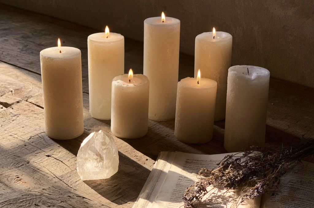 Seven white pillar candles arranged in a gentle arc on a wooden surface, several lit, with a piece of clear quartz, an open journal, and a sprig of dried lavender in soft evening light