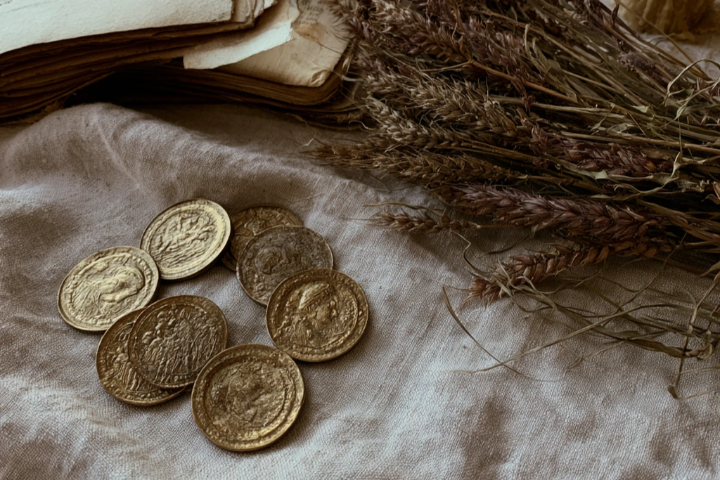 Eight gold-tone coins arranged in a loose figure-of-eight on a dark wooden surface, beside a piece of citrine, a sprig of dried wheat, an open journal, and a single beeswax candle in warm evening light
