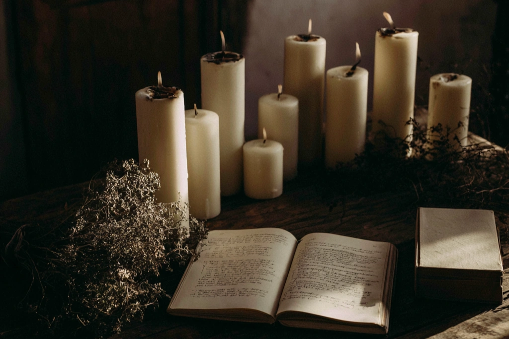 Nine white pillar candles arranged in a slow descending arc on a weathered wooden surface, several already burned down, beside a small bundle of dried mugwort, an open journal showing handwritten reflections, and a single closed book in soft fading light