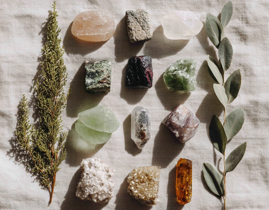A flat lay of mixed tumbled stones and raw crystals arranged in rows on cream linen, with sprigs of dried sage and rosemary alongside