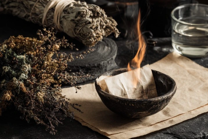 A strip of paper with handwritten words burning in a small fireproof bowl on dark stone, beside a bundle of dried herbs, a black candle, and a glass of water, photographed in low warm candlelight