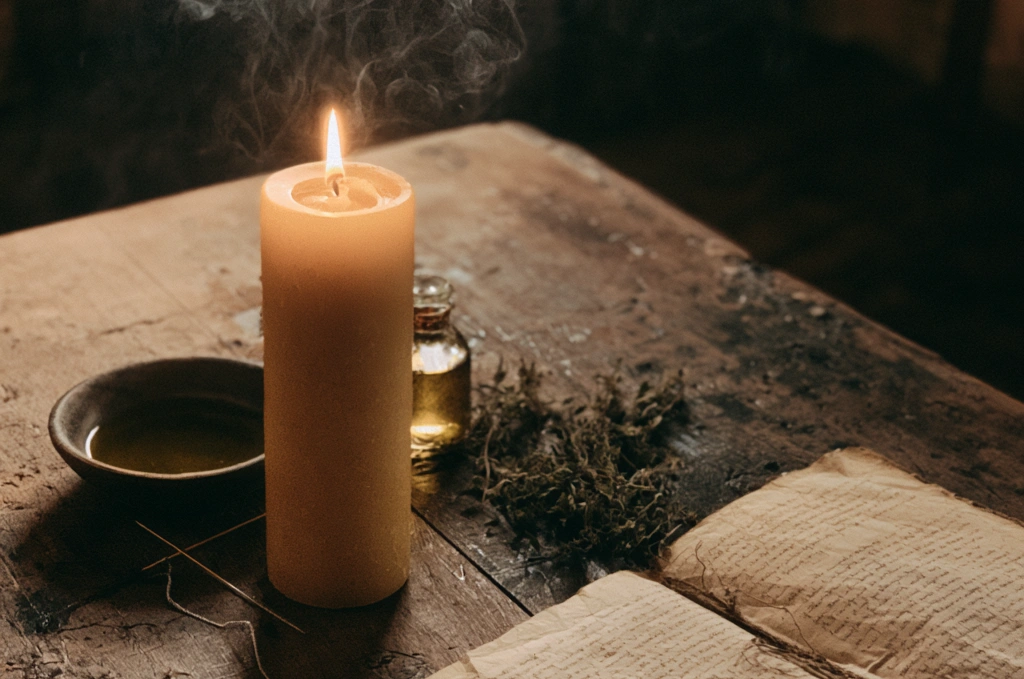 A single beeswax pillar candle burning on a weathered wooden surface, beside a small bowl of olive oil, a needle for carving intentions, a small pile of dried herbs, and an open journal in soft evening light