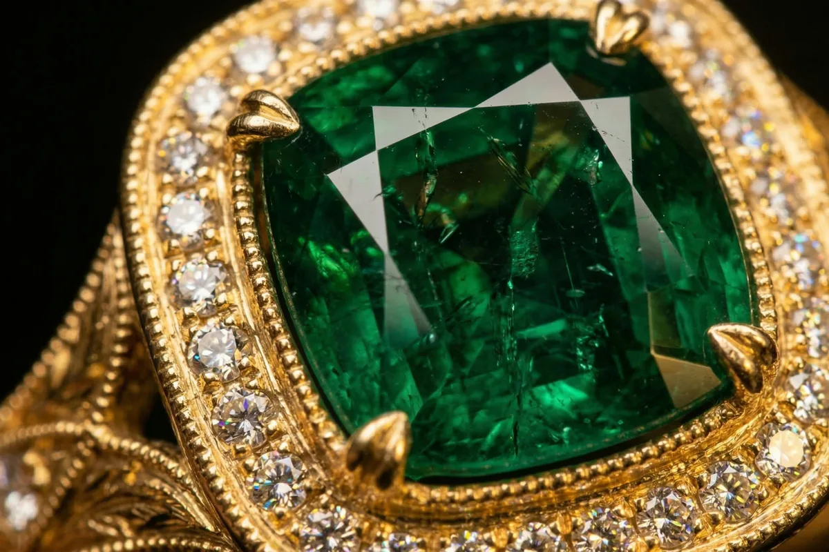 A close-up macro photograph of a large cushion-cut emerald set in an ornate gold ring with intricate engraving, surrounded by a halo of small round diamonds, photographed in dramatic low light against a black background