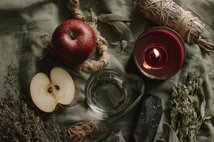 A flat lay of Mabon working materials on dark linen: a cut apple showing its seed pentagram, a knotted black cord, a small glass of water, a piece of obsidian, dried rosemary and sage, and a lit deep red beeswax candle in warm autumn light