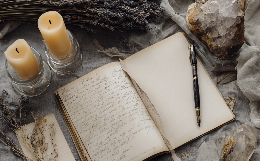 A flat lay of dried lavender, a fountain pen, an open notebook with handwritten text, two pale yellow taper candles and a clear quartz cluster on grey linen