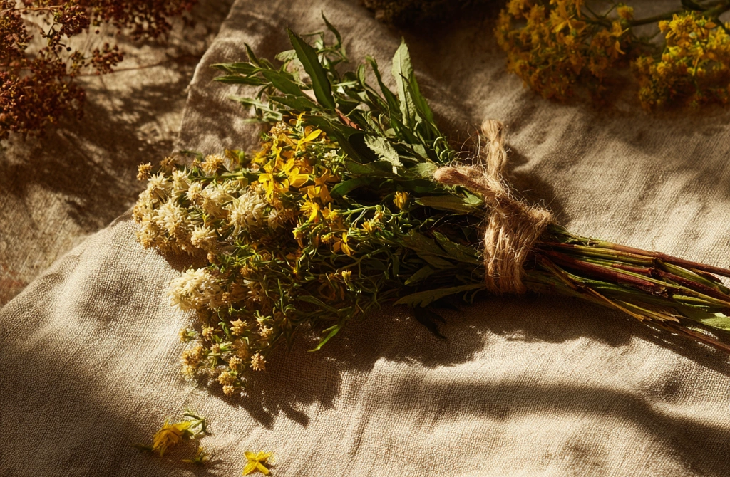 A bundle of fresh St John's Wort, yarrow and vervain tied with linen twine, photographed in golden afternoon light on a weathered wooden surface, with a few loose yellow flowers scattered around