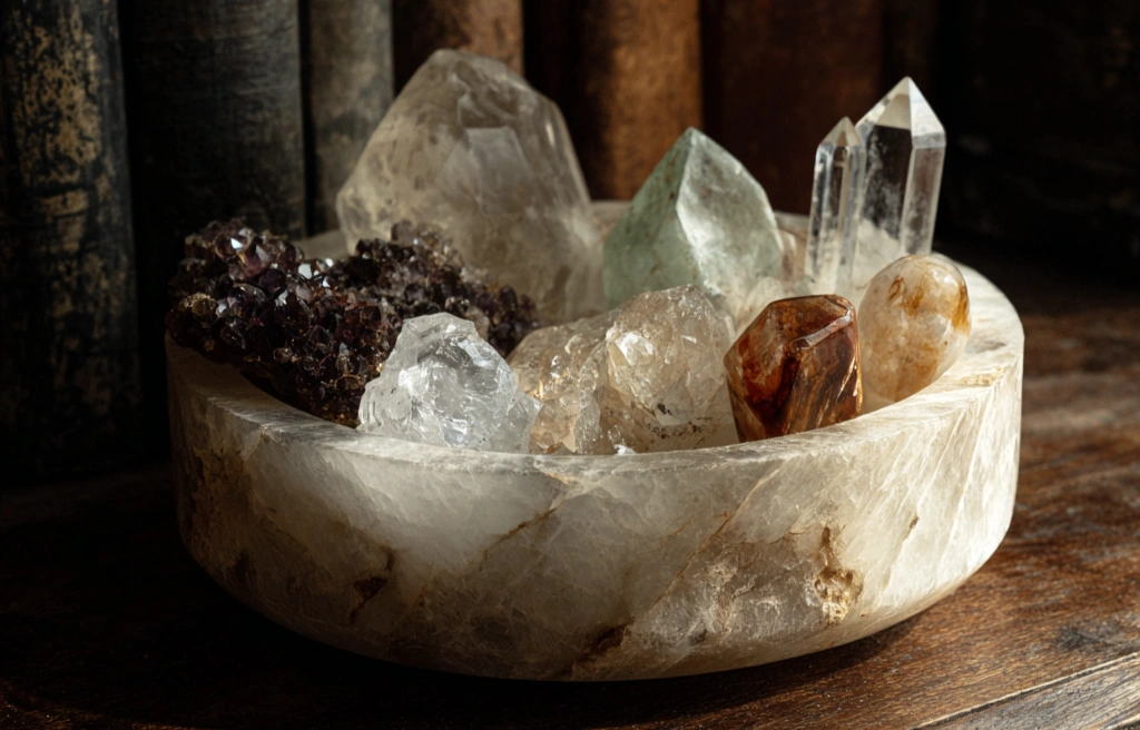 A round wooden bowl filled with raw crystals (clear quartz points, smoky quartz, and citrine) resting on a wooden surface against dark leather-bound books