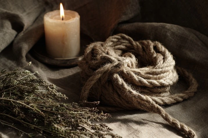 A length of dark cord with nine evenly spaced knots tied in it, coiled on dark linen beside a small unlit candle and a sprig of dried rosemary, photographed in low warm candlelight
