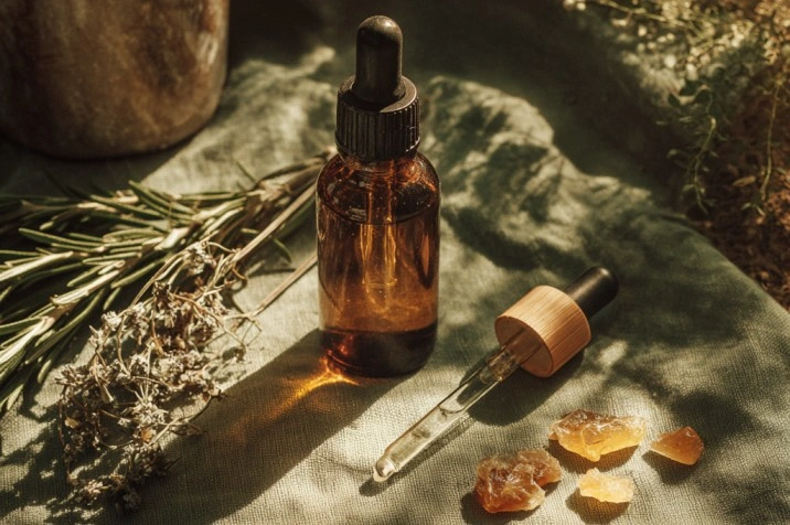 A small amber formulation bottle and a glass dropper on dark linen, beside dried rosemary, a sprig of mugwort, and tears of frankincense resin, photographed in low warm candlelight