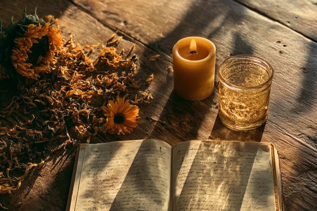 A flat lay of sunflower petals, a piece of raw citrine, a calendula head, a golden beeswax candle, and an open journal with handwritten intentions on a sun-warmed wooden surface in bright warm afternoon light