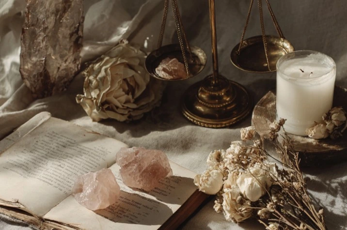 A flat lay with two equal-sized rose quartz crystals, a small brass balance scale, dried white roses, a white candle, and an open journal on pale grey linen, photographed in soft diffused natural light