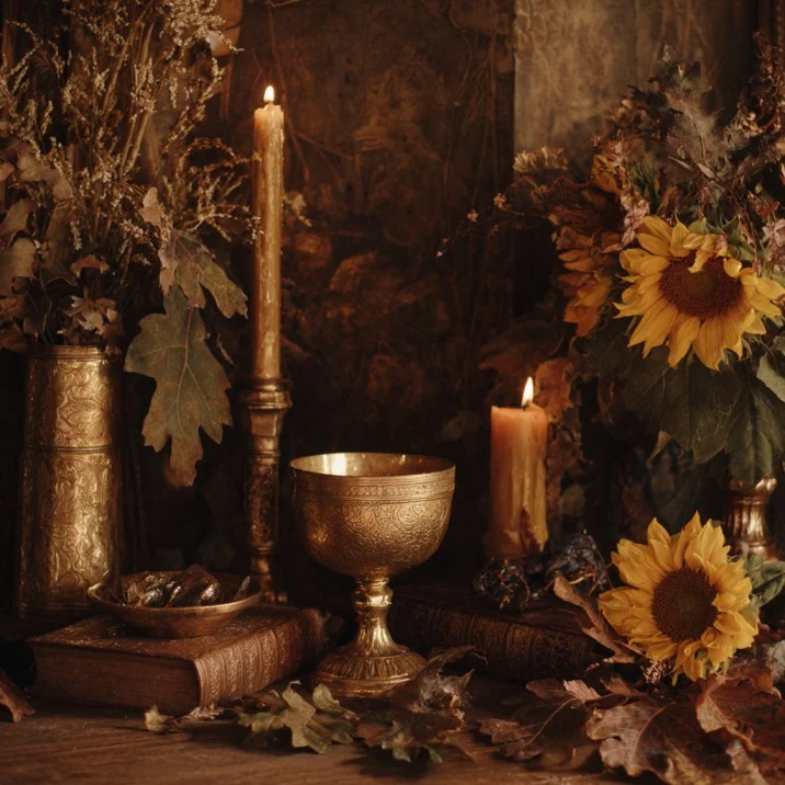 A sun wheel altar for Litha with golden candles, sunflowers, oak leaves and a chalice on a dark stone surface
