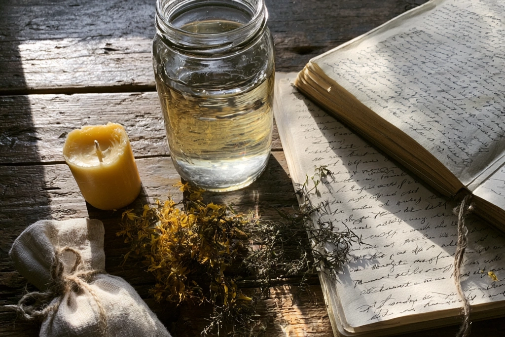 A glass jar of water catching midday sunlight on a sun-warmed wooden surface, beside a sprig of fresh St John's Wort with yellow flowers, an open journal showing handwritten intentions, and a single beeswax candle in bright golden light