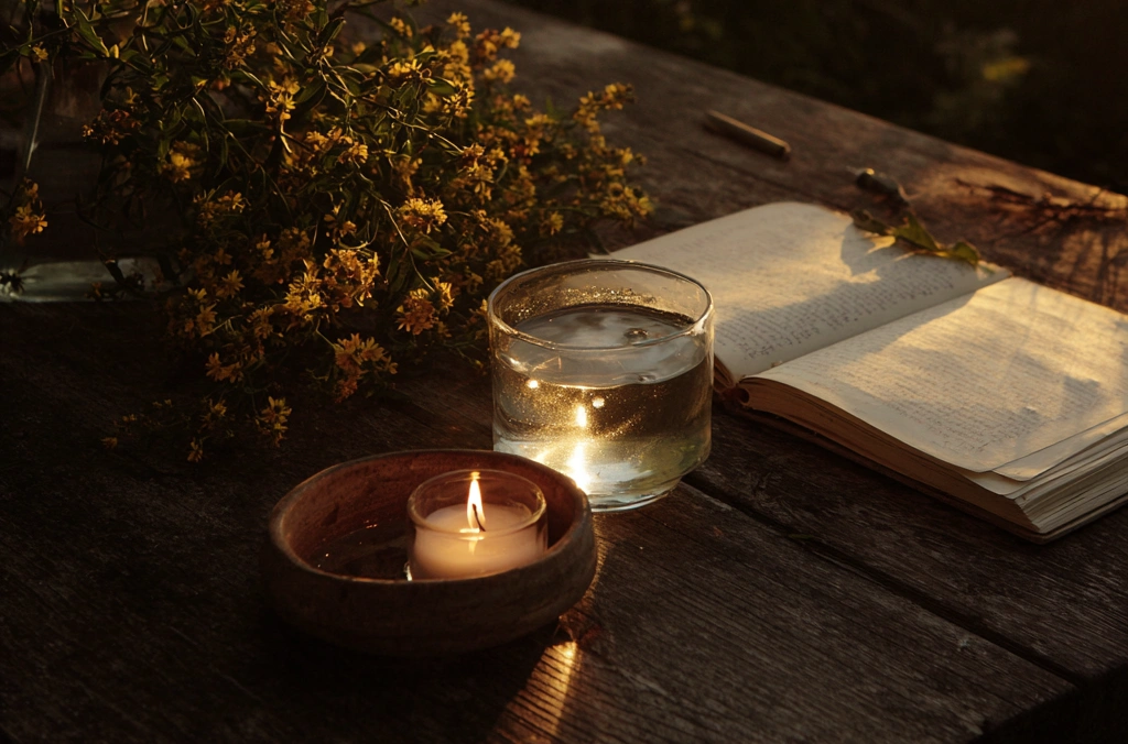Two candles burning on a wooden table at dusk (one in a small wooden bowl, one in a glass jar) beside a sprig of yellow St John's Wort flowers and an open notebook