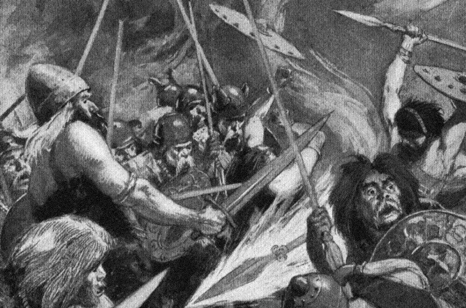 A black and white illustration by H. R. Millar showing Lugh driving his magical spear through a chaotic press of armed warriors with shields and raised weapons, in the detailed engraving style of Victorian Celtic mythology illustration