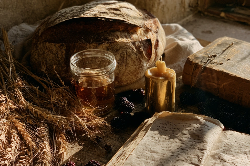 A flat lay of a loaf of fresh-baked bread, a jar of honey, wheat stalks, scattered blackberries, a gold beeswax candle, an open journal with handwritten text, and a small piece of citrine on a worn wooden surface in warm late-summer light