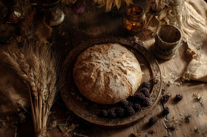 A Lughnasadh altar on a wooden surface with a small round loaf of bread, ears of dried wheat, a sunflower head, scattered blackberries, a gold beeswax candle, and a piece of citrine in warm late-summer afternoon light