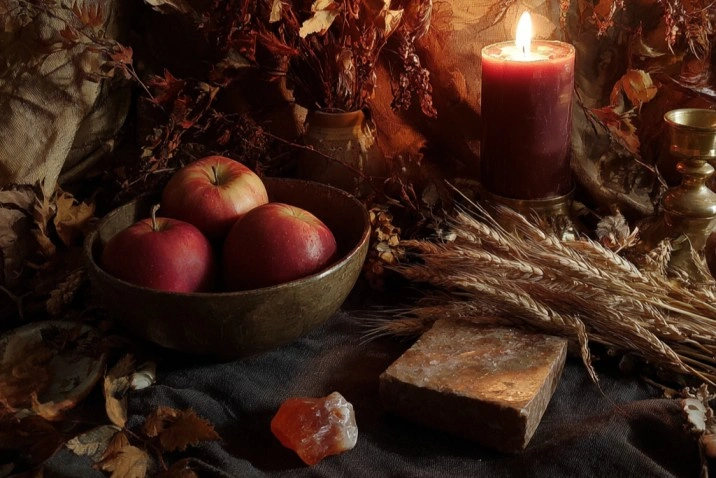 A Mabon altar with a small bowl of red apples, dried wheat stalks, autumn leaves in gold and rust, a deep red candle, and a piece of carnelian on dark cloth, photographed in warm candlelight