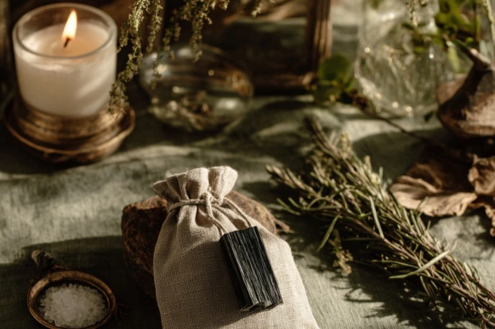A protective sachet tied with black thread beside a piece of black tourmaline, dried rosemary, a small mirror, a white candle, and a pinch of salt on dark linen, photographed in low warm candlelight