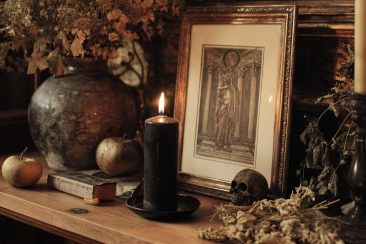 A black candle on a wooden altar beside a small Hekate triple-goddess statue, a black-and-white framed ancestor photograph, dried mugwort and apples, and a small skull figurine, photographed in low warm candlelight