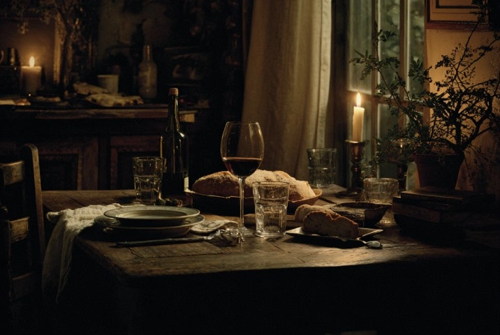 A quiet kitchen table at night set for a dumb supper (a single empty place setting for the unseen guest beside fresh bread, a glass of red wine, and a lit candle) photographed in low ambient light