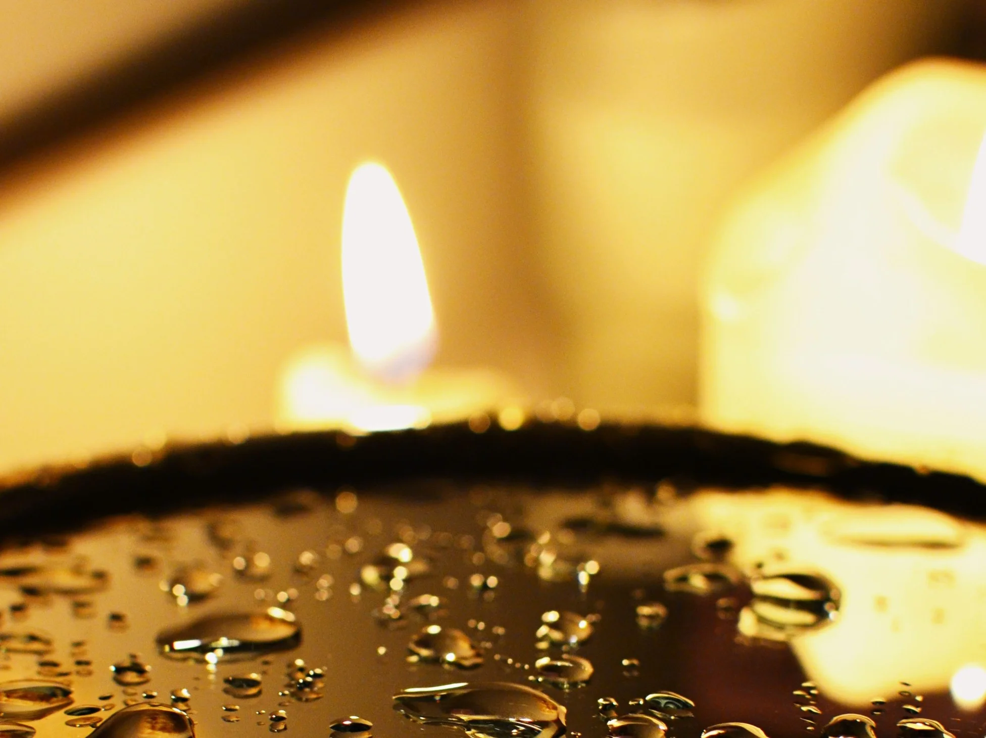 A dark scrying bowl of water on a wooden table at night reflecting a single candle flame, beside a sprig of dried wormwood and a black scorpio sigil drawn on parchment, photographed in low candlelight