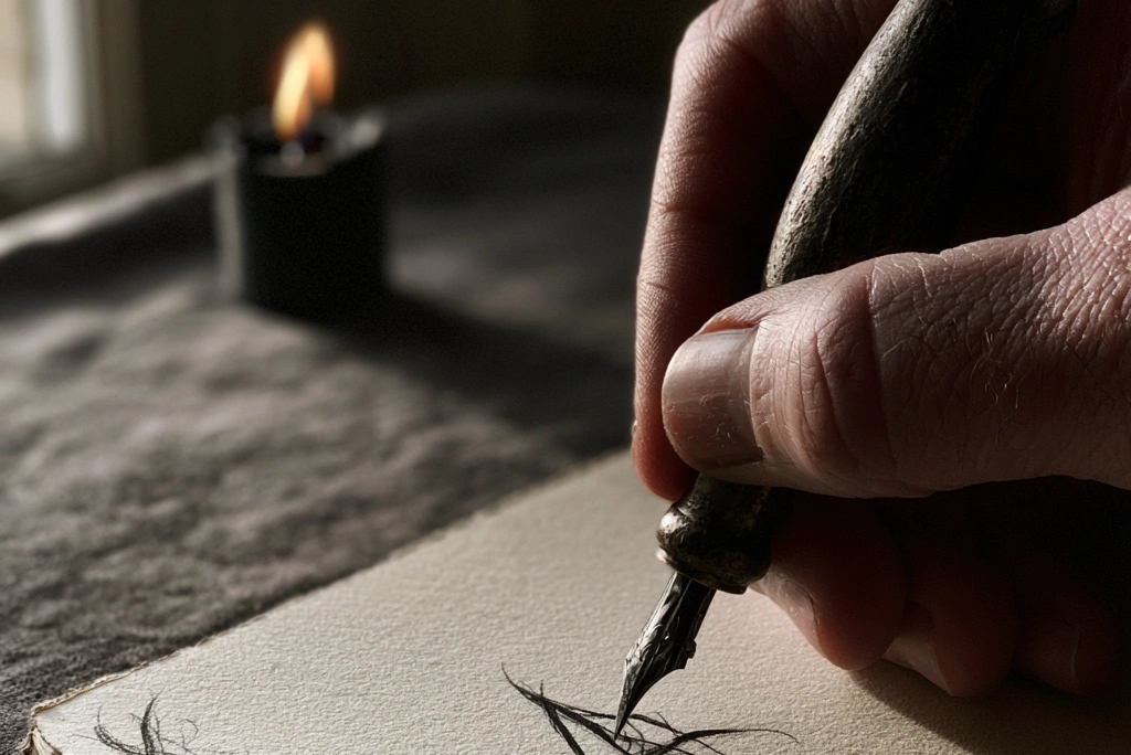 A hand-drawn sigil in black ink on a sheet of weathered paper, beside a small black candle, a fountain pen, an open notebook with a handwritten statement of intent, and a small dish of salt on a dark wooden surface in low candlelight