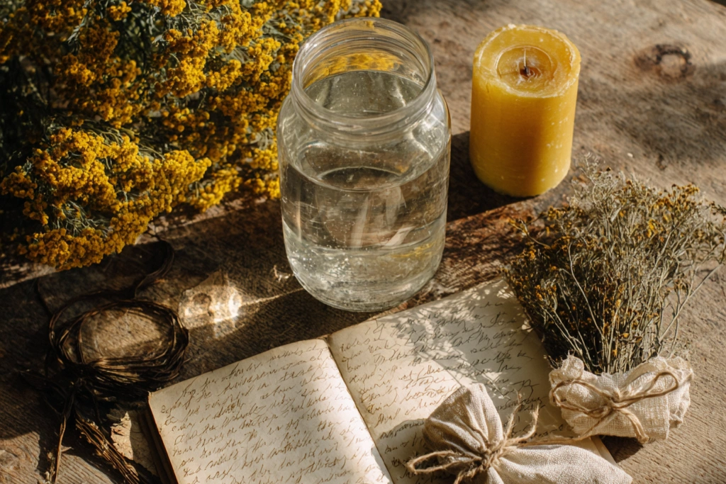 A flat lay of a glass jar of water catching morning sunlight, a yellow beeswax candle, dried St John's Wort and yarrow, a small cloth sachet tied with linen twine, and an open journal with handwritten intentions on a weathered wooden surface