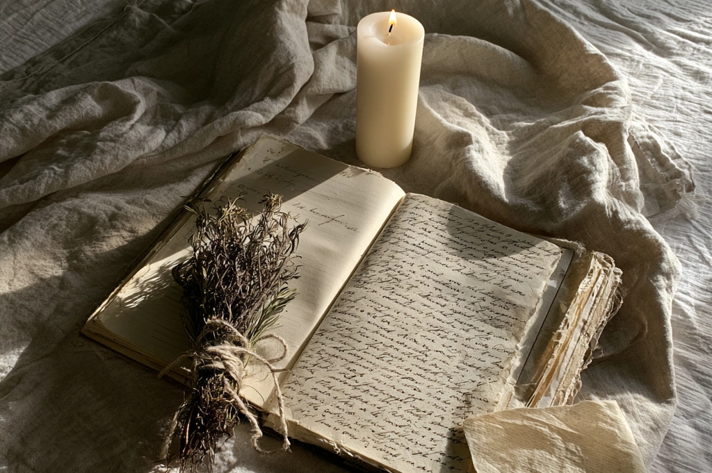 An open journal with a handwritten intention beside a single white candle, a small bundle of dried rosemary tied with linen twine, a piece of black tourmaline, and a folded square of paper on a weathered wooden surface in soft morning light