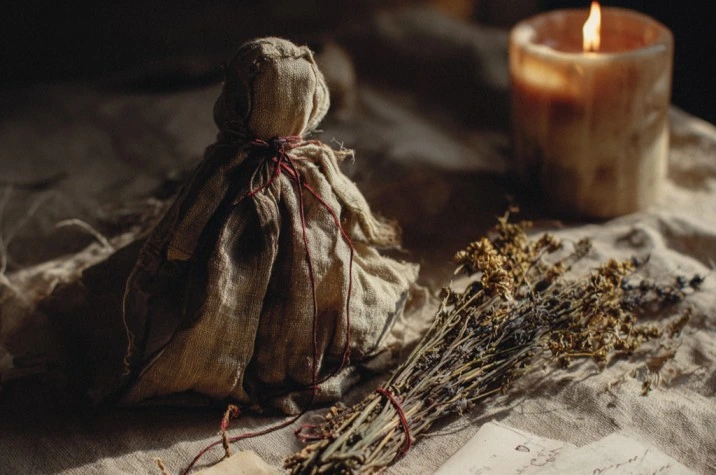 A poppet figure made of natural linen tied with red thread beside a bundle of dried herbs, a strip of paper with handwriting, and a lit beeswax candle on dark linen in warm candlelight